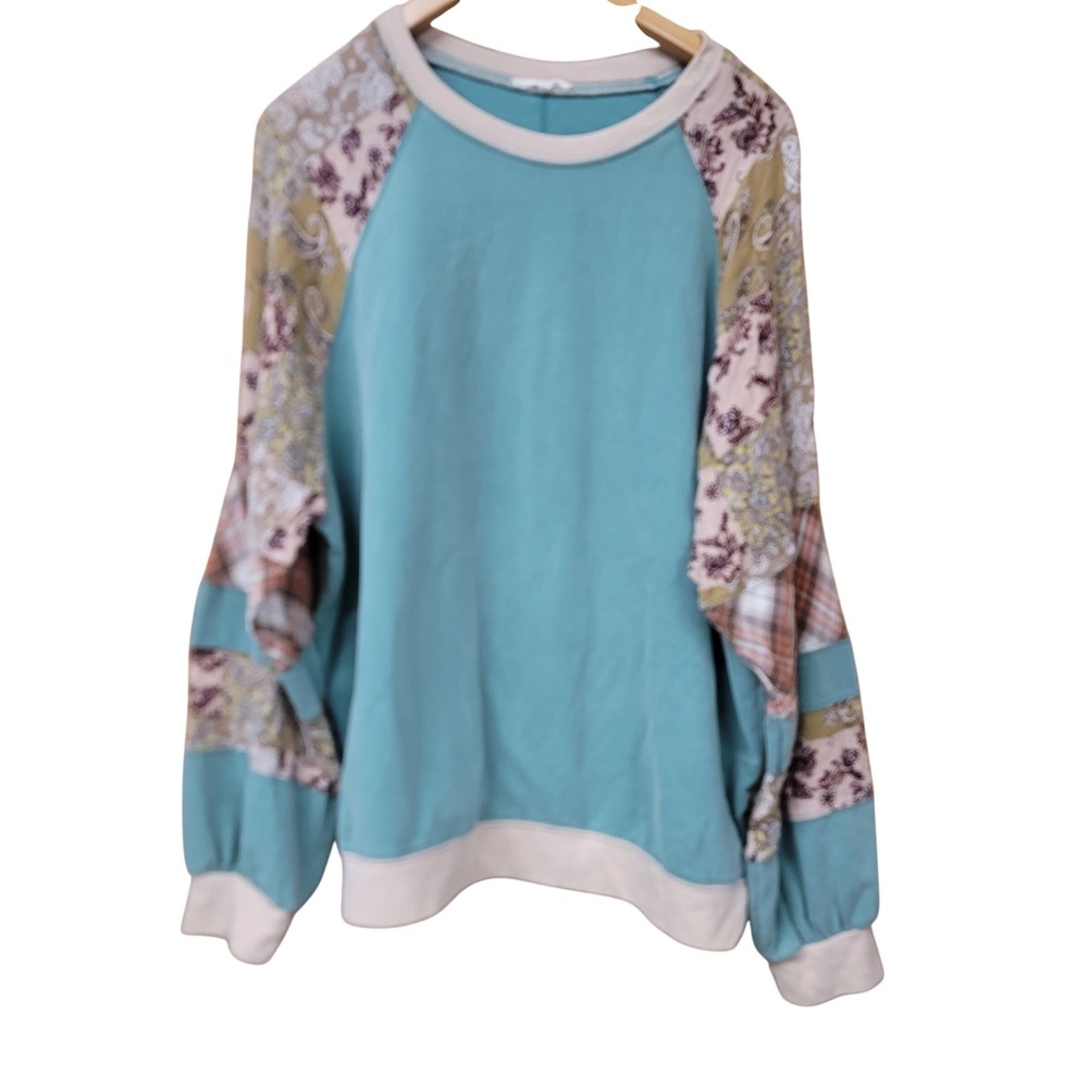 Easel Los Angeles Teal Mixed Media Patchwork Floral Plaid Raglan Sweatshirt M